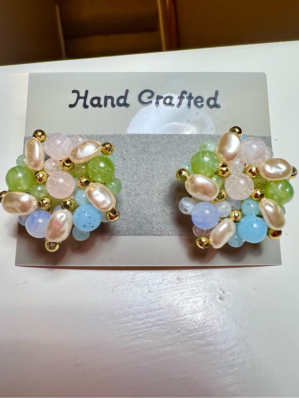 Handcrafted Beaded Cluster Earrings Pastel Pearl Gold Tone Statement Studs